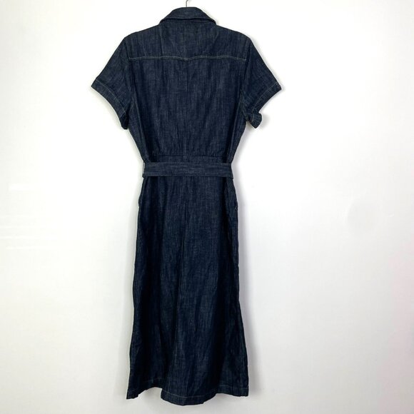 J. Crew Short sleeve tie waist button up Denim Dress Belted Midi Size 8 Dark - Picture 5 of 12